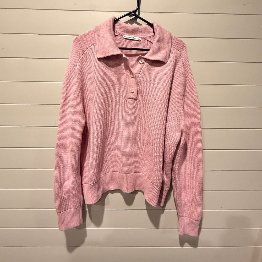 Abercrombie & Fitch Pink Knit Polo Sweater Womens L Collared Button Pullover